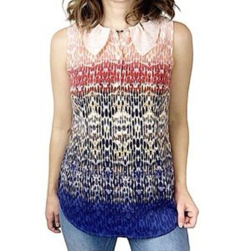 CABI: Love Blouse Ruffle Peter Pan Collar Sleeveless Ombre Top -Size small